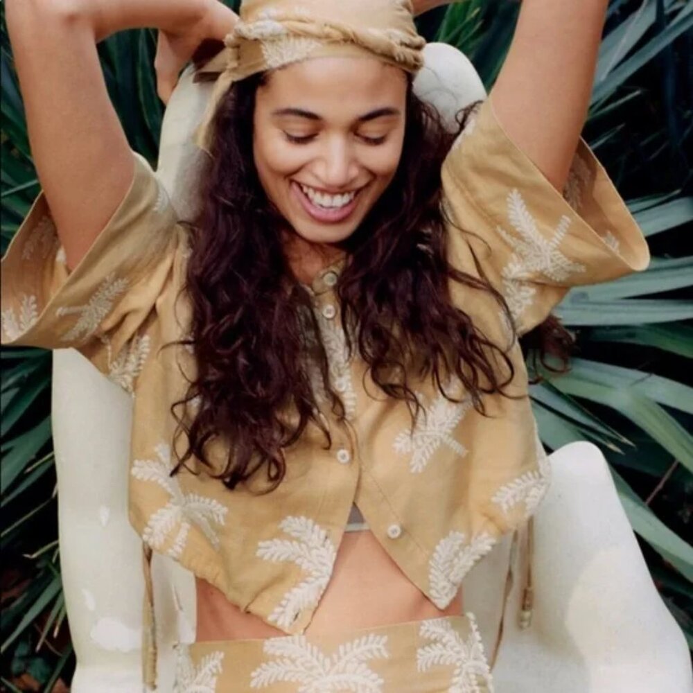 Zara Embroidered Palm Tree Linen Blend Crop Top M